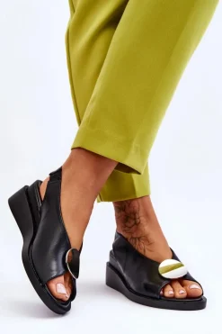 Online Damskie Skórzane Sandały Na Koturnie Czarne Justice Damskie Sandały Na Koturnie