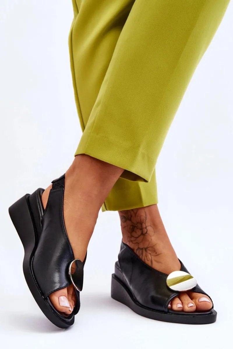 Online Damskie Skórzane Sandały Na Koturnie Czarne Justice Damskie Sandały Na Koturnie