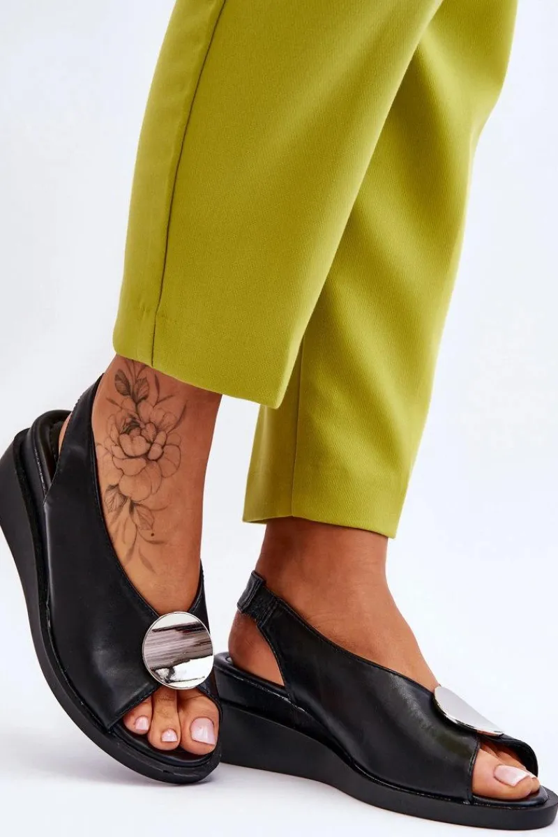 Online Damskie Skórzane Sandały Na Koturnie Czarne Justice Damskie Sandały Na Koturnie