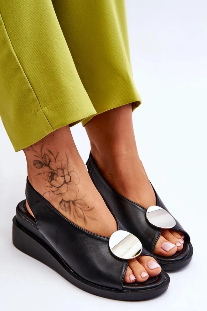 Online Damskie Skórzane Sandały Na Koturnie Czarne Justice Damskie Sandały Na Koturnie