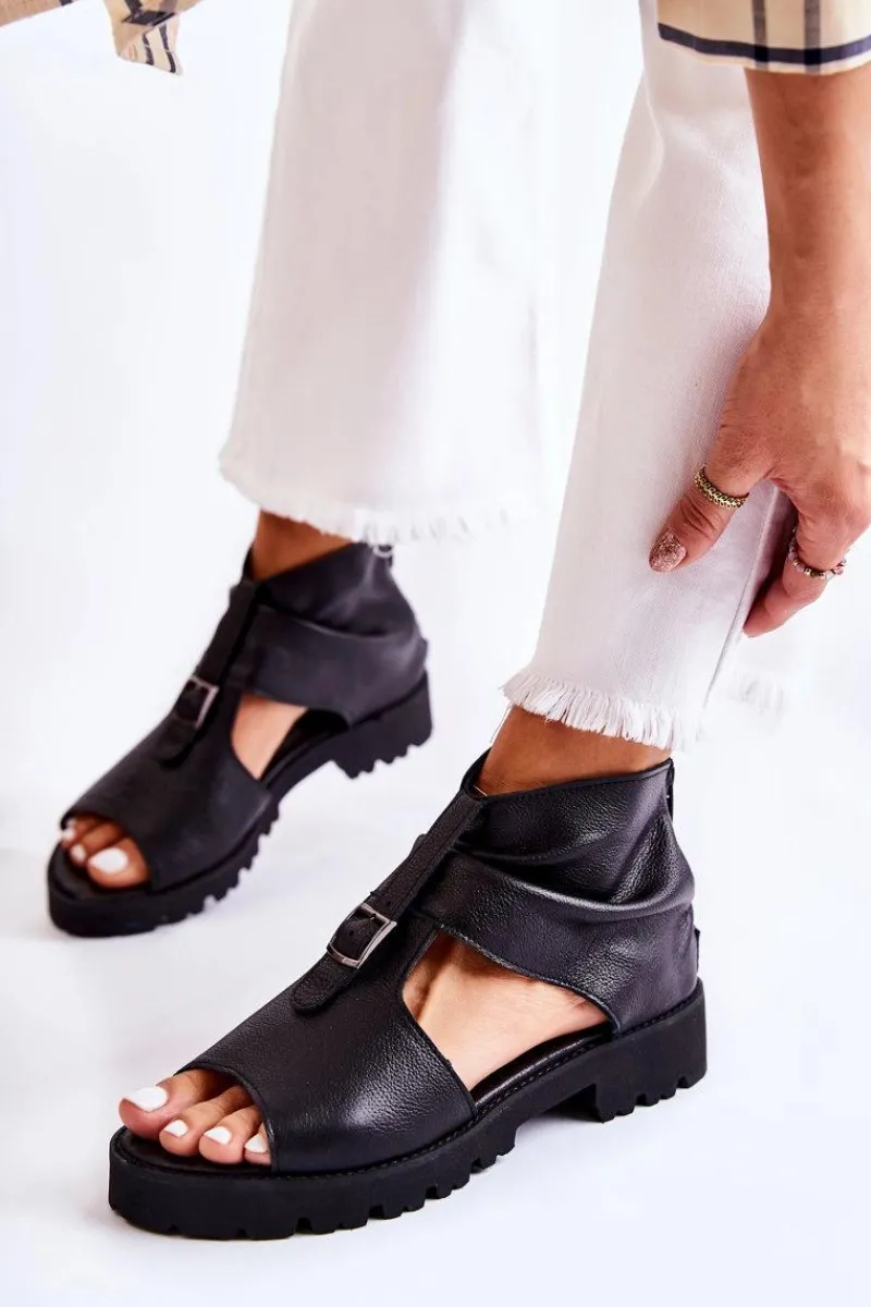 Sandały Płaskie>Boto Damskie Skórzane Sandały Na Suwak Nicole 2748 Czarne