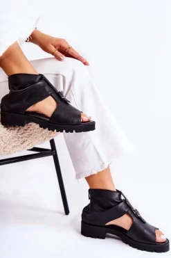 Sandały Płaskie>Boto Damskie Skórzane Sandały Na Suwak Nicole 2748 Czarne