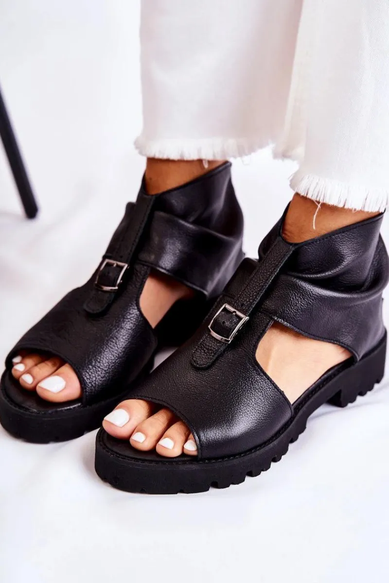 Sandały Płaskie>Boto Damskie Skórzane Sandały Na Suwak Nicole 2748 Czarne