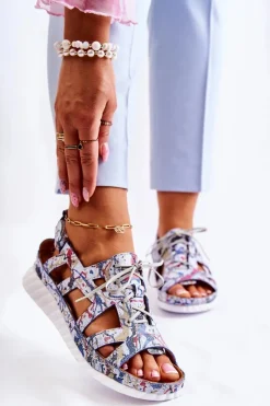 Sandały Płaskie>Maciejka Damskie Skórzane Sandały Na Rzep 05375-06 Niebieskie