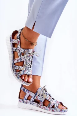 Sandały Płaskie>Maciejka Damskie Skórzane Sandały Na Rzep 05375-06 Niebieskie