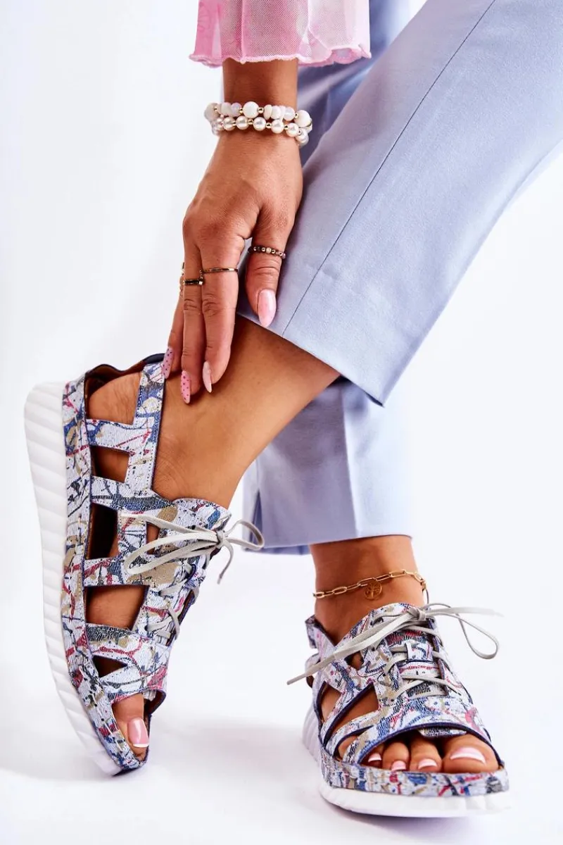 Sandały Płaskie>Maciejka Damskie Skórzane Sandały Na Rzep 05375-06 Niebieskie