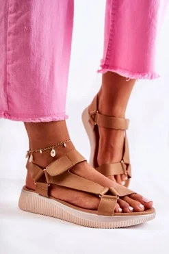 Best Damskie Skórzane Sandały Na Rzep Camel Clarisse Damskie Sandały Płaskie