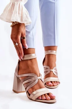 Sandały Na Obcasie>Maciejka Damskie Skórzane Sandały Na Masywnym Słupku 05514-04 Beżowo-Złote