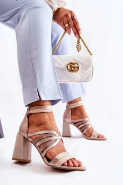 Sandały Na Obcasie>Maciejka Damskie Skórzane Sandały Na Masywnym Słupku 05514-04 Beżowo-Złote