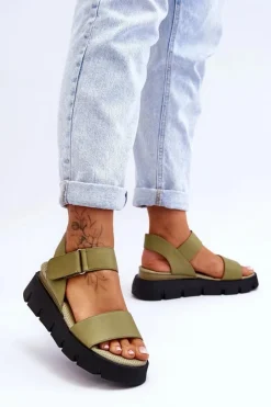 Online Damskie Skórzane Sandały Na Platformie Zielone Katte Damskie Sandały Na Koturnie