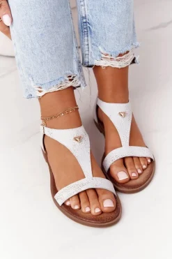 Boto Damskie Skórzane Sandały Nicole 2648 Białe Metaliczne