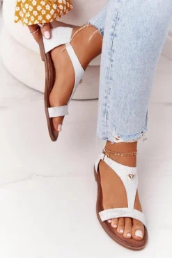 Boto Damskie Skórzane Sandały Nicole 2648 Białe Metaliczne