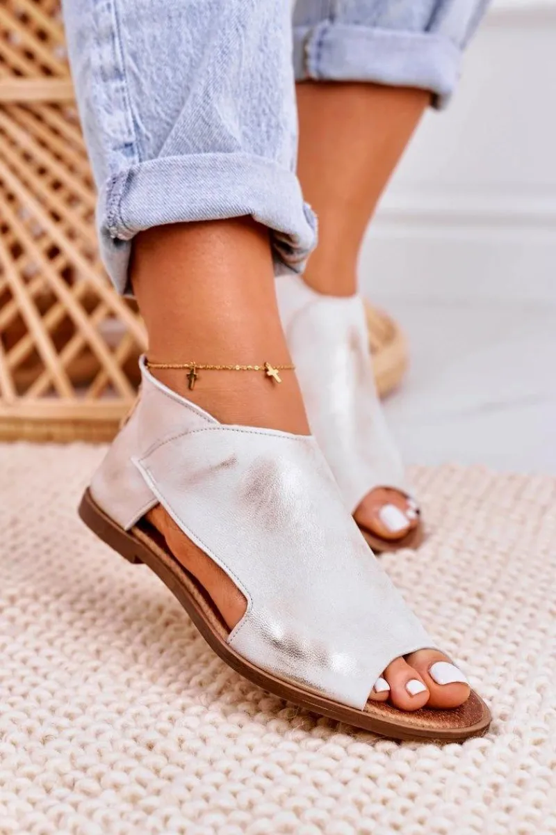 Sandały Płaskie>Boto Damskie Skórzane Sandały Nicole 2622 Białe Metaliczne