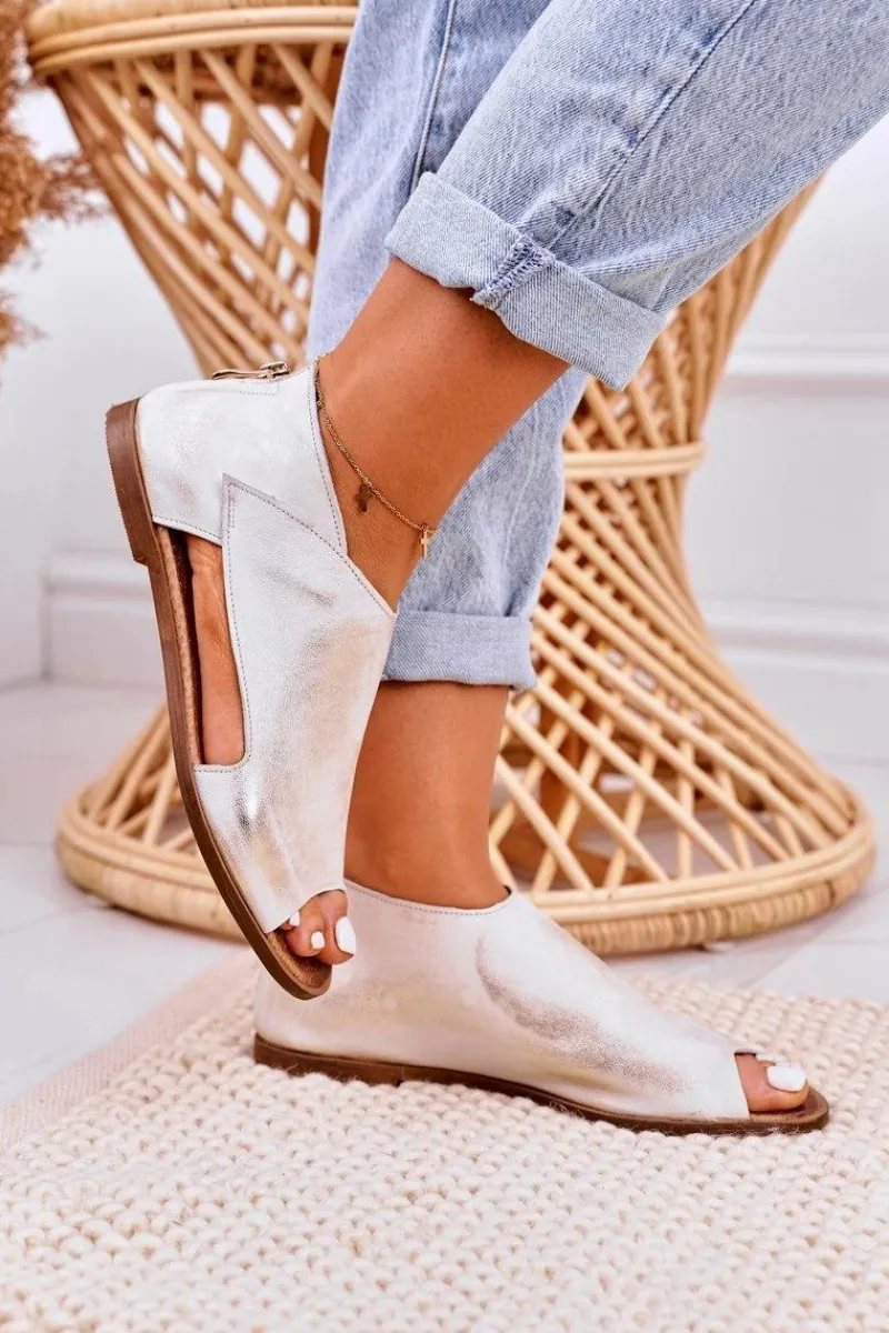 Sandały Płaskie>Boto Damskie Skórzane Sandały Nicole 2622 Białe Metaliczne