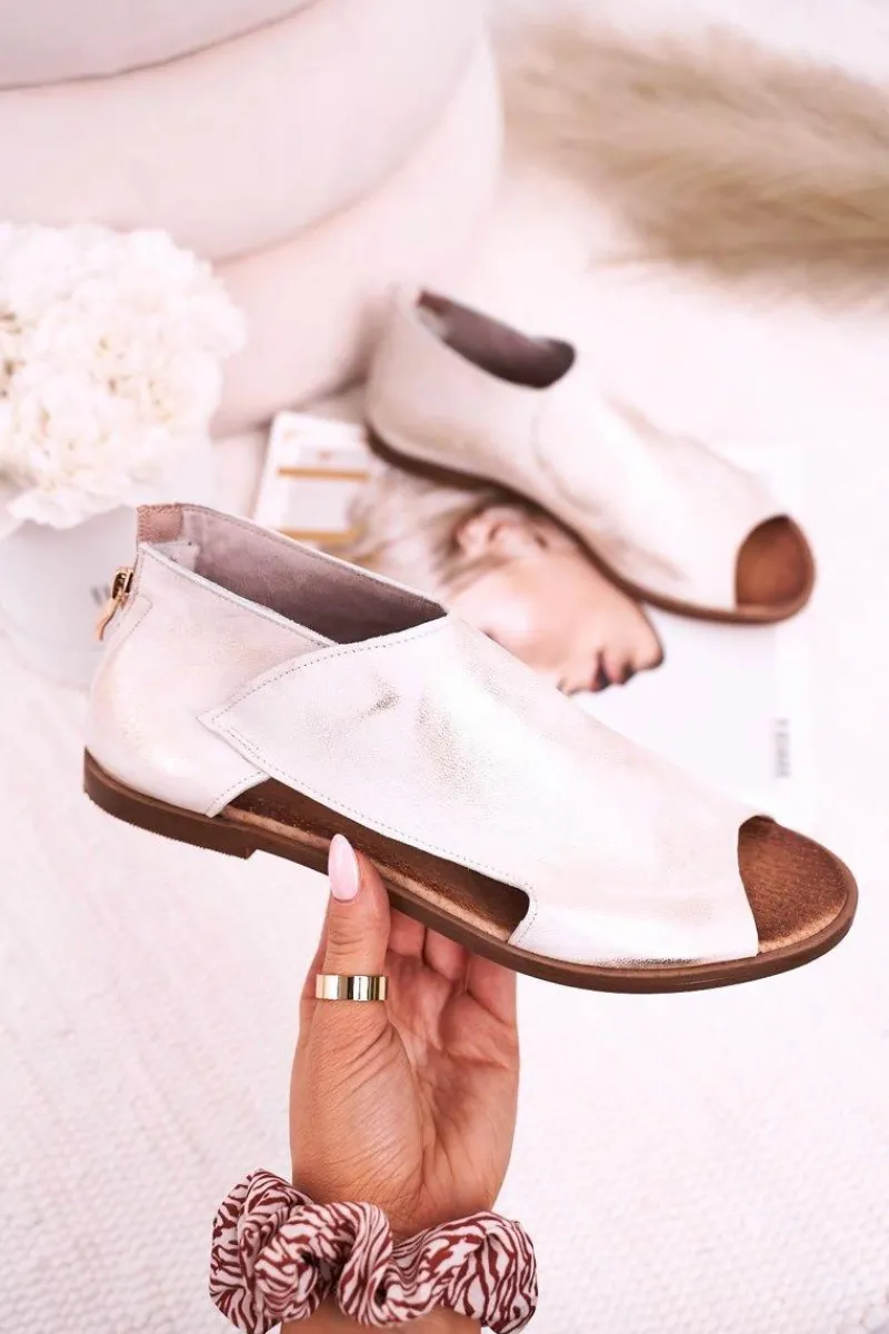 Sandały Płaskie>Boto Damskie Skórzane Sandały Nicole 2622 Białe Metaliczne