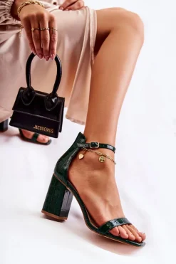 Sandały Na Obcasie>Boto Damskie Skórzane Sandały Wężowy Wzór Zielone Sollana