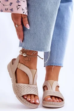 Outlet Damskie Skórzane Sandały Wsuwane Beżowe Lora Damskie Sandały Płaskie