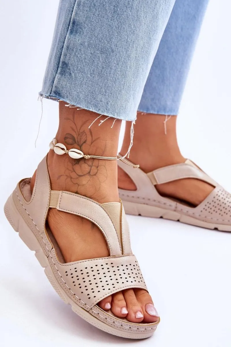 Outlet Damskie Skórzane Sandały Wsuwane Beżowe Lora Damskie Sandały Płaskie