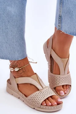 Outlet Damskie Skórzane Sandały Wsuwane Beżowe Lora Damskie Sandały Płaskie