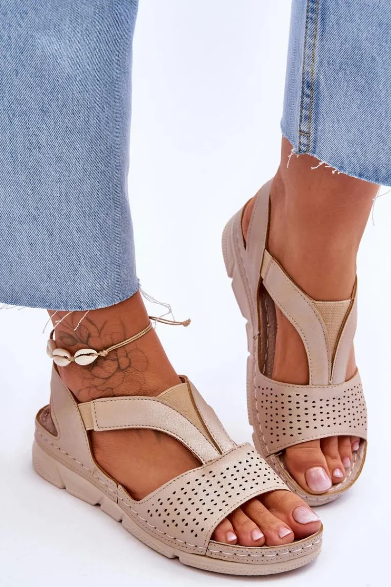 Outlet Damskie Skórzane Sandały Wsuwane Beżowe Lora Damskie Sandały Płaskie