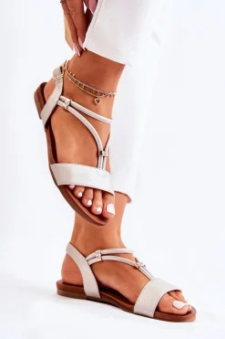 Hot Damskie Skórzane Sandały Z Cyrkoniami Złote Melly Damskie Sandały Płaskie