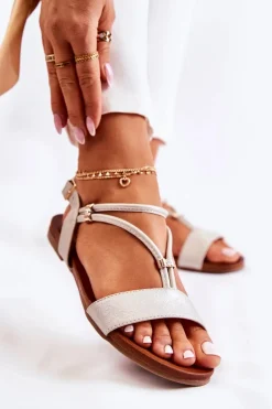 Hot Damskie Skórzane Sandały Z Cyrkoniami Złote Melly Damskie Sandały Płaskie