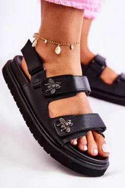 Best Damskie buty S.Barski Damskie Skórzane Sandały Z Ozdobą Czarne Elly