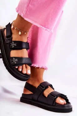 Best Damskie buty S.Barski Damskie Skórzane Sandały Z Ozdobą Czarne Elly