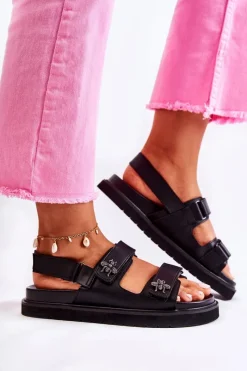 Best Damskie buty S.Barski Damskie Skórzane Sandały Z Ozdobą Czarne Elly