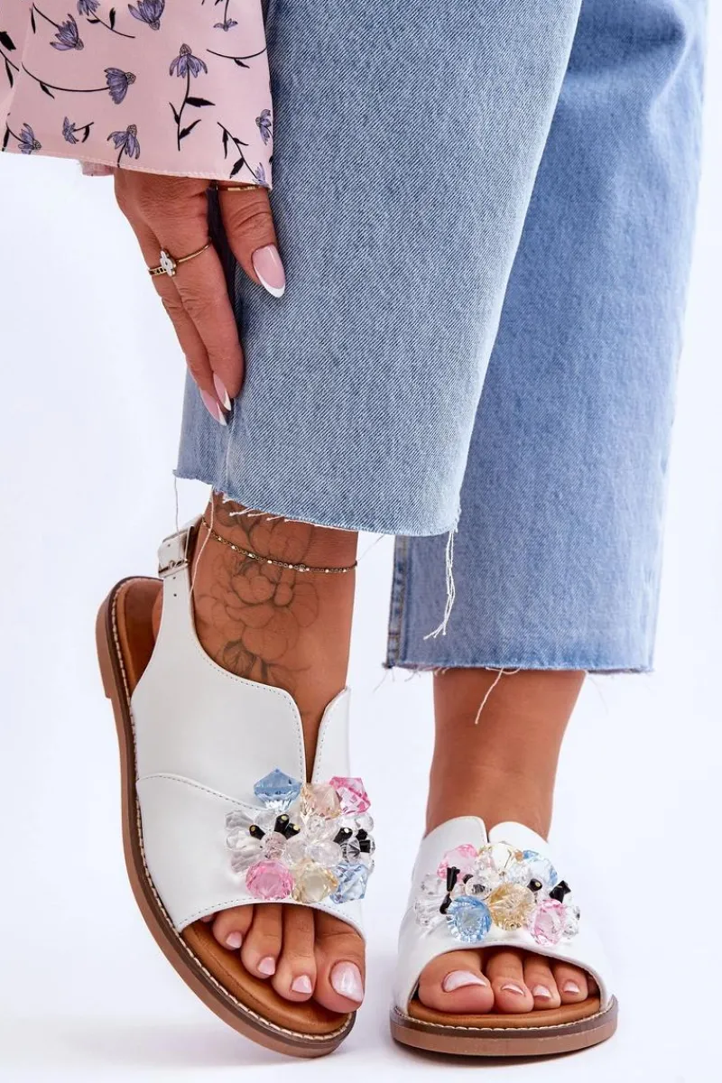 Sandały Płaskie>Buty damskie Vinceza Damskie Skórzane Sandały Z Kamieniami Białe Mersea