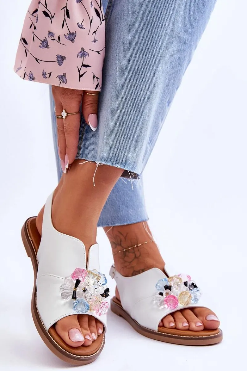 Sandały Płaskie>Buty damskie Vinceza Damskie Skórzane Sandały Z Kamieniami Białe Mersea