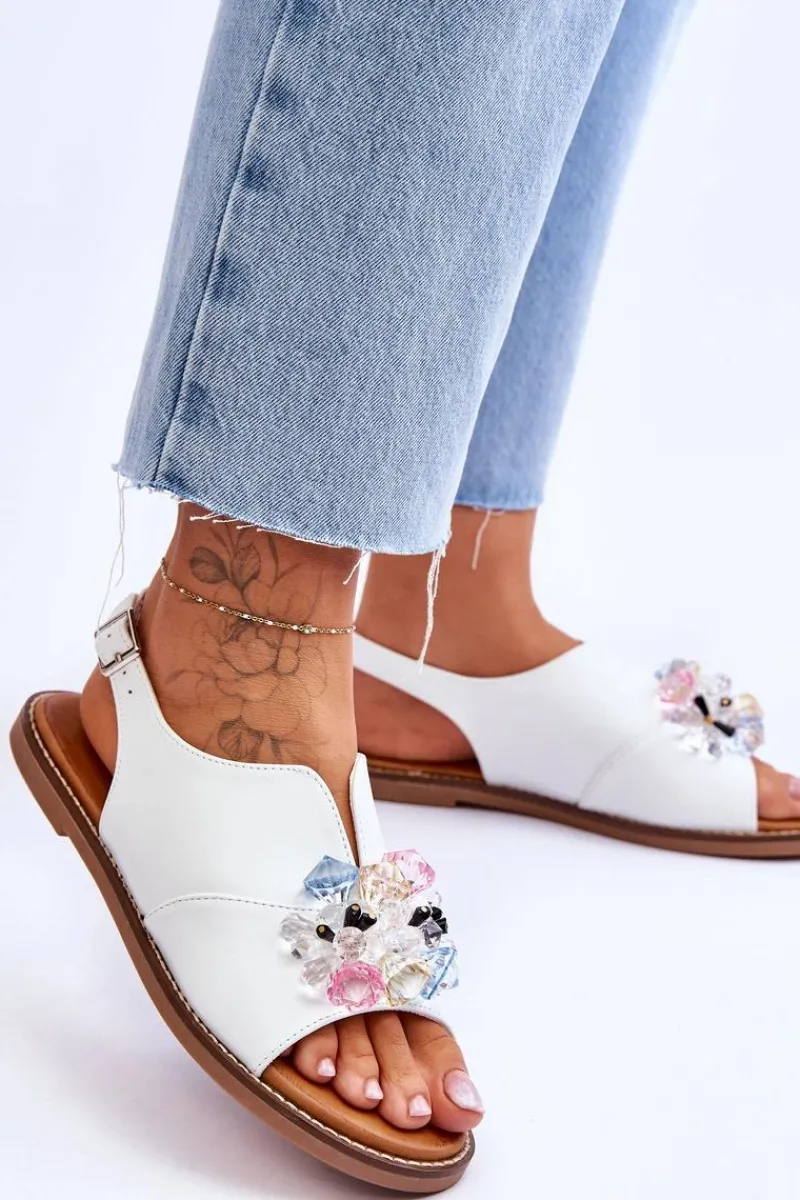 Sandały Płaskie>Buty damskie Vinceza Damskie Skórzane Sandały Z Kamieniami Białe Mersea
