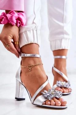 Best Boto Damskie Skórzane Sandały Z Kryształami Srebrne Ramona