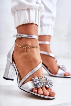 Best Boto Damskie Skórzane Sandały Z Kryształami Srebrne Ramona