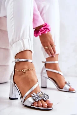 Best Boto Damskie Skórzane Sandały Z Kryształami Srebrne Ramona