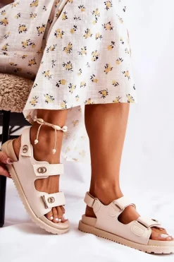 Online Damskie buty S.Barski Damskie Skórzane Sandały Z Ozdobą Beżowe Halis