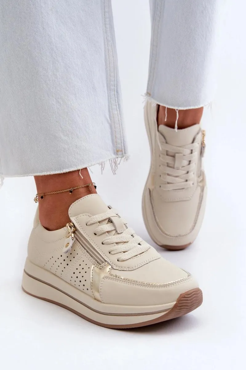 Sneakersy Damskie>Evento Damskie Skórzane Sneakersy Na Platformie Beżowe Ligustra