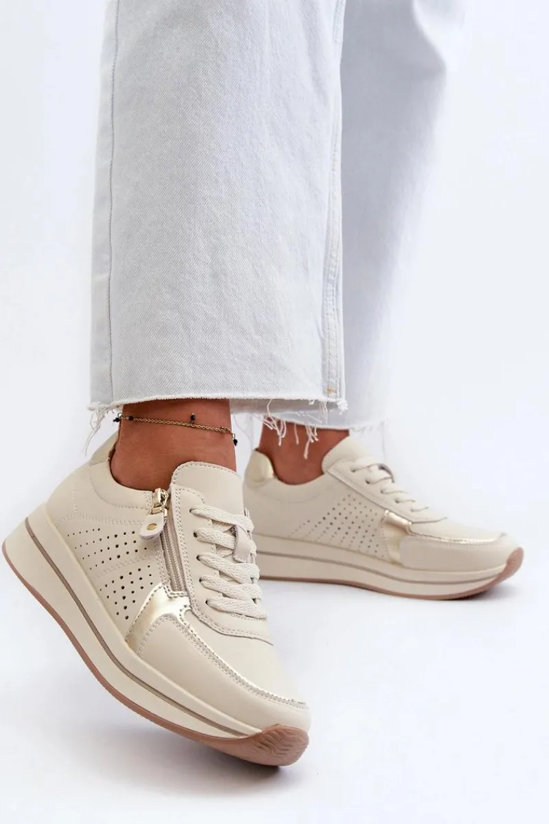 Sneakersy Damskie>Evento Damskie Skórzane Sneakersy Na Platformie Beżowe Ligustra