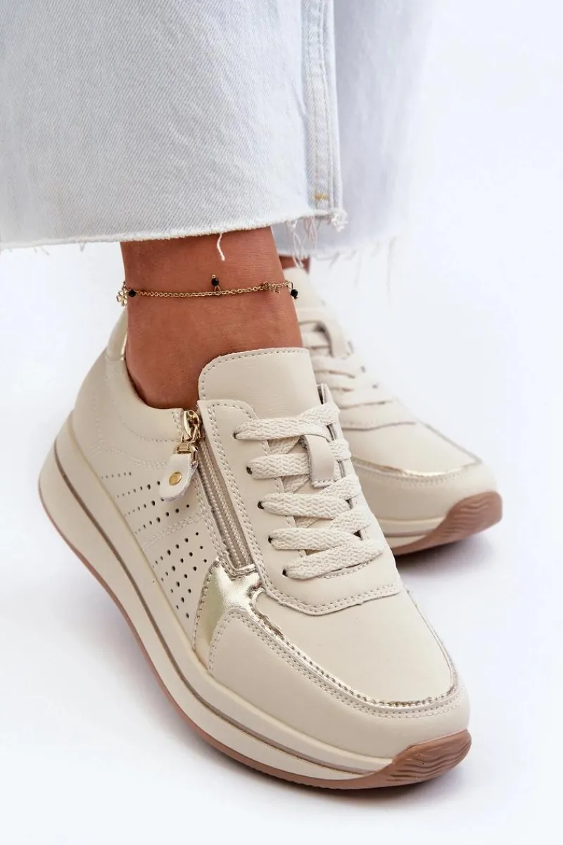Sneakersy Damskie>Evento Damskie Skórzane Sneakersy Na Platformie Beżowe Ligustra