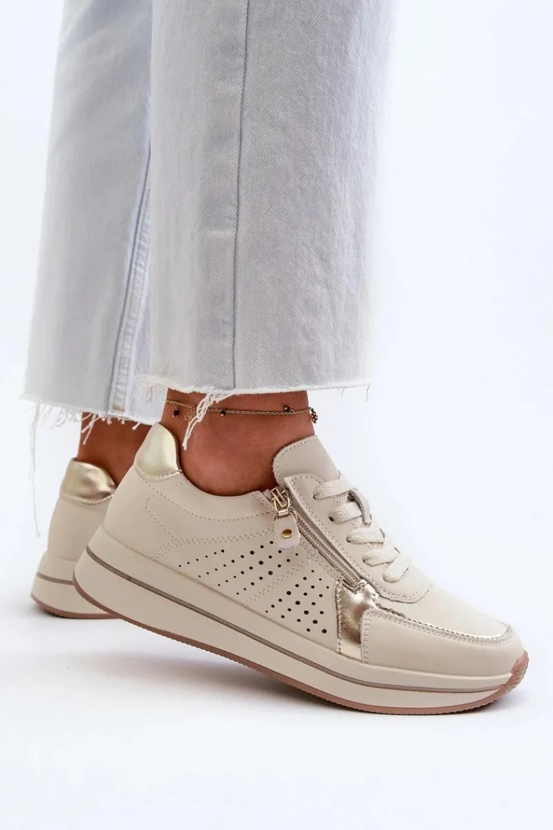 Sneakersy Damskie>Evento Damskie Skórzane Sneakersy Na Platformie Beżowe Ligustra
