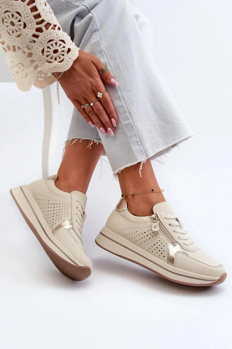 Sneakersy Damskie>Evento Damskie Skórzane Sneakersy Na Platformie Beżowe Ligustra