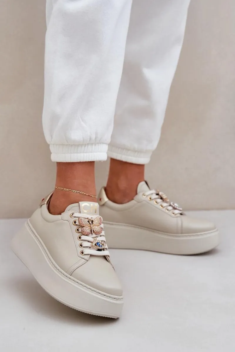 Buty Sportowe Na Platformie>CheBello Damskie Skórzane Sneakersy Na Platformie Z Ozdobami 4292 Jasnobeżowe Beżowy