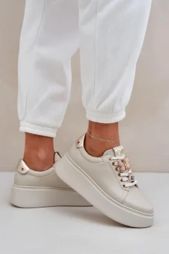 Buty Sportowe Na Platformie>CheBello Damskie Skórzane Sneakersy Na Platformie Z Ozdobami 4292 Jasnobeżowe Beżowy