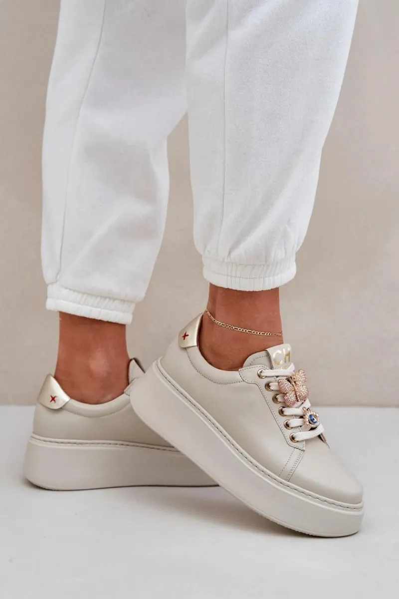 Buty Sportowe Na Platformie>CheBello Damskie Skórzane Sneakersy Na Platformie Z Ozdobami 4292 Jasnobeżowe Beżowy