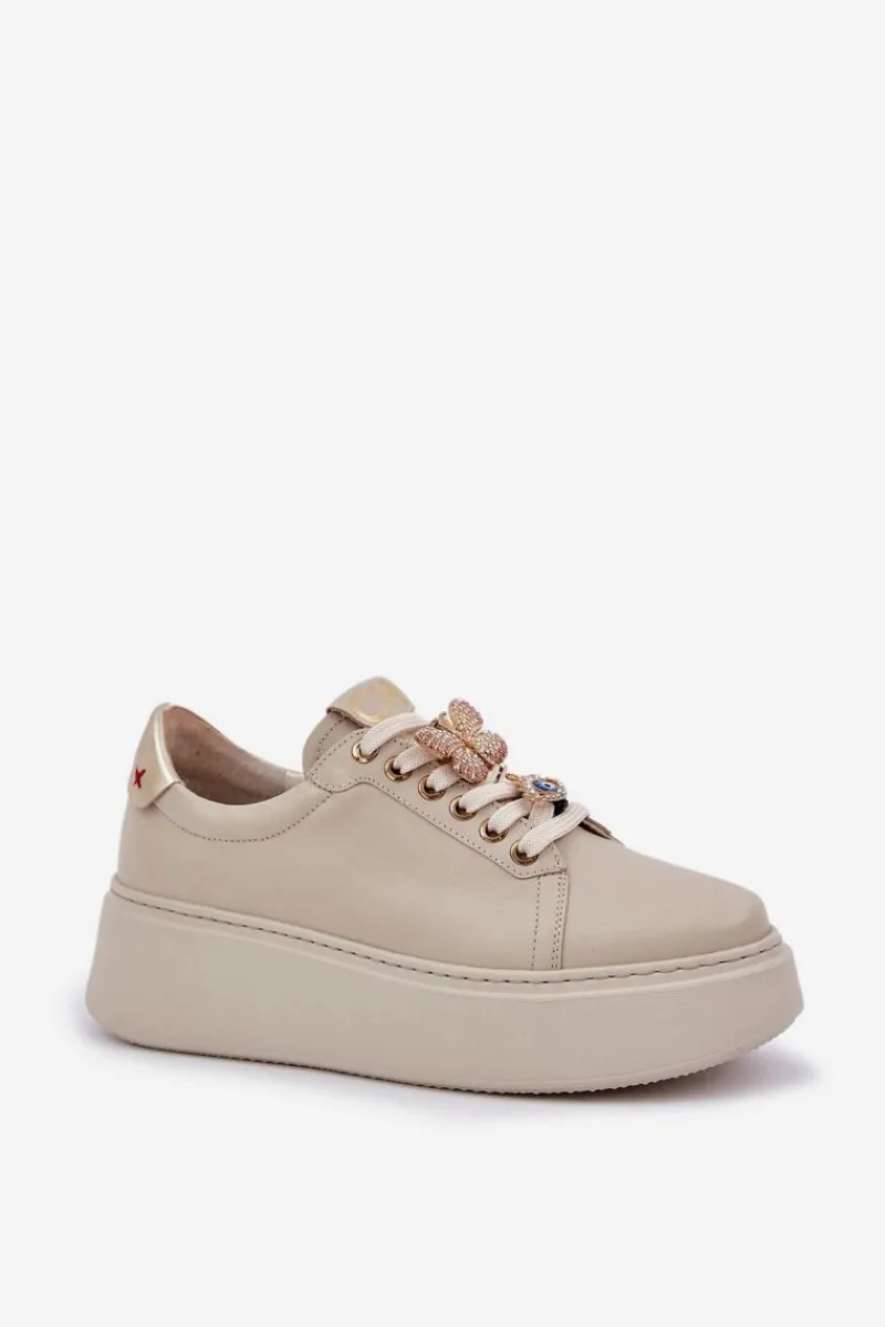 Buty Sportowe Na Platformie>CheBello Damskie Skórzane Sneakersy Na Platformie Z Ozdobami 4292 Jasnobeżowe Beżowy