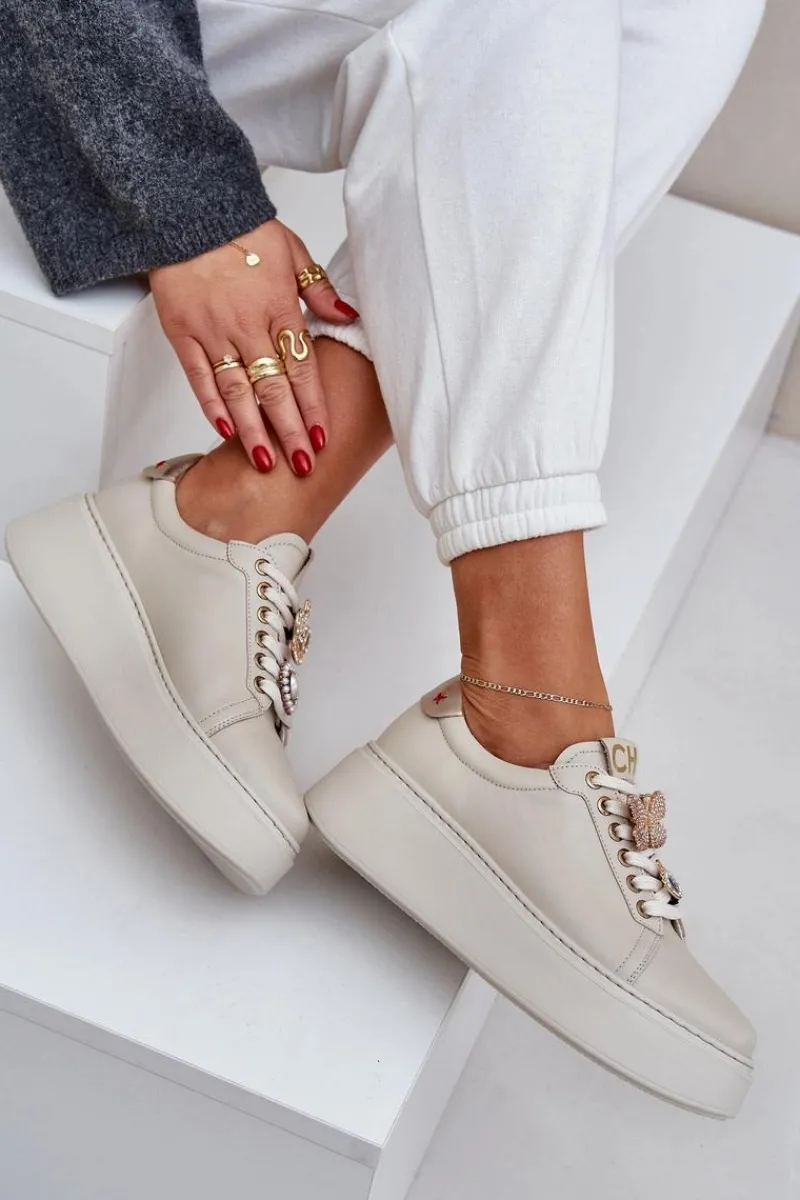 Buty Sportowe Na Platformie>CheBello Damskie Skórzane Sneakersy Na Platformie Z Ozdobami 4292 Jasnobeżowe Beżowy