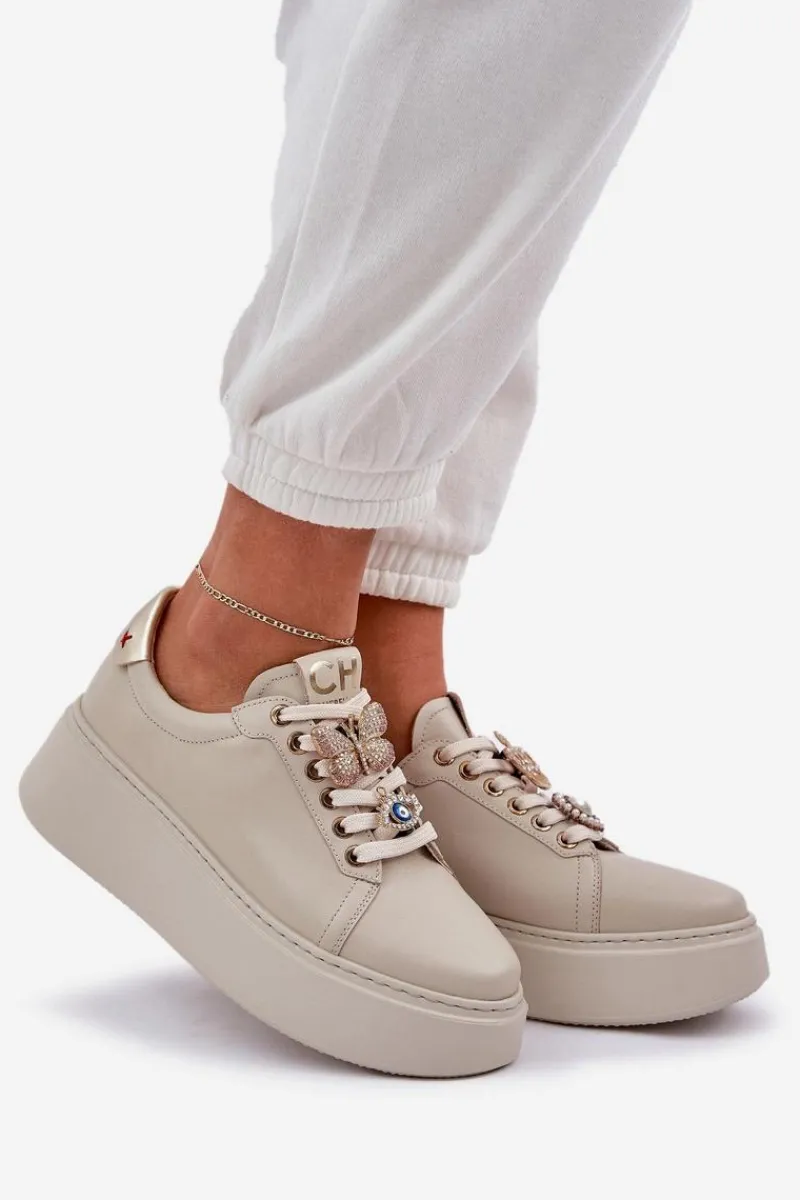 Buty Sportowe Na Platformie>CheBello Damskie Skórzane Sneakersy Na Platformie Z Ozdobami 4292 Jasnobeżowe Beżowy