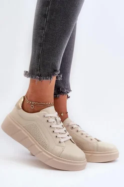 Buty Sportowe Na Platformie>Evento Damskie Skórzane Sneakersy Na Platformie Beżowe Gatira