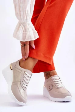 Sale Damskie buty S.Barski Damskie Skórzane Sneakersy Na Koturnie Złote Beatris