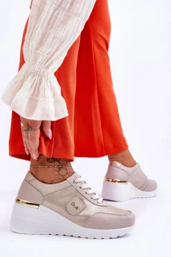 Sale Damskie buty S.Barski Damskie Skórzane Sneakersy Na Koturnie Złote Beatris